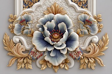 luxurious 3d floral wall art with golden embossed petals and ornate leaves high resolution image