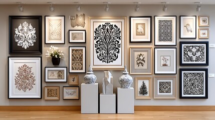 luxury home interior featuring detailed ornamental wall hangings and monochrome art high resolution image