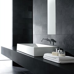 Modern minimalist bathroom with dark tiles, a rectangular sink, and white towels