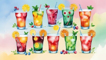 Vibrant watercolor illustration of assorted flavored soda cans with fresh citrus, berries, and tropical fruits. Perfect party background with bright, fun colors and soft gradient.