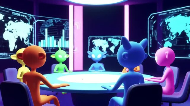 Cartoon aliens sit at a round table in a futuristic control room observing maps and charts