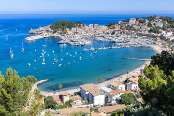 Port de Soller on Mallorca island from above marina with boats holiday by the sea beach in Spain