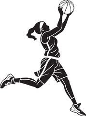 Basketball Silhouette: A dynamic silhouette captures a female athlete mid-jump, poised to shoot, showcasing the elegance and strength of the game in monochromatic form.