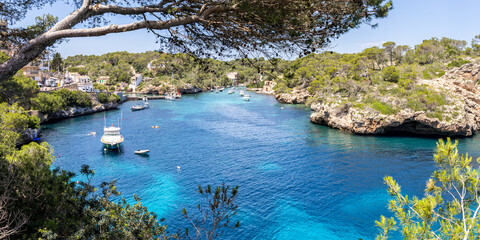 Bay of Cala Figuera on Mallorca island with sailboats panorama holiday by the sea in Spain