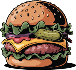 Classic Cheeseburger Illustration – Juicy Beef Burger with Cheese and Veggies