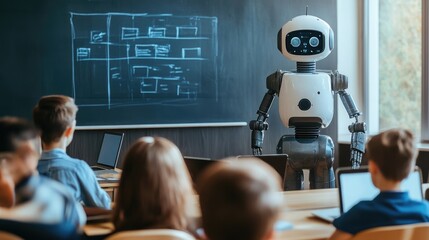 A classroom scene with a humanoid robot teaching students. The robot has a friendly appearance and is standing in front of a blackboard. Students are focused on their laptops.