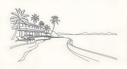 Beach House Line Art Palm Trees Seaside Illustration