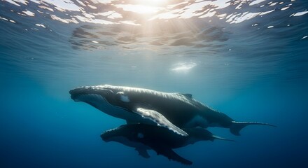 Fototapeta premium Whale Mother and Calf Swimming Underwater