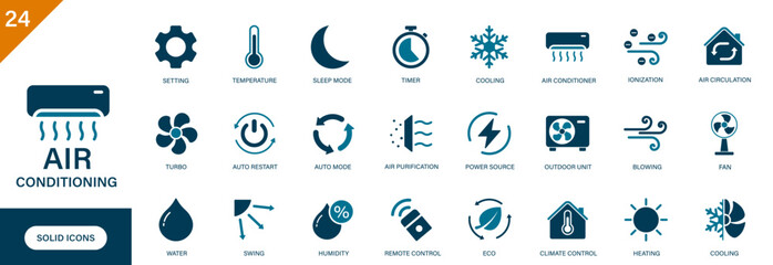 Air conditioning icon. Containing cooling, ionization, blowing, heating, swing. Solid vector icons collection.