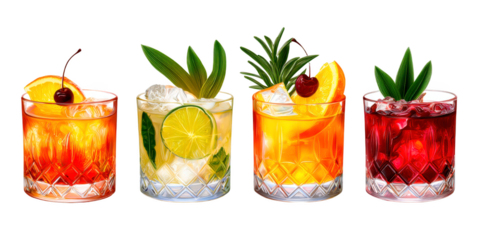 Amaretto Sour, Caipirinha, Boulevardier, Mai Tai cocktail Mixology, bar menu cocktails, colorful refreshing drink with garnish