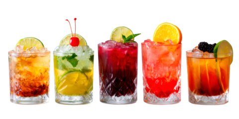 Amaretto Sour, Caipirinha, Boulevardier, Mai Tai cocktail Mixology, bar menu cocktails, colorful refreshing drink with garnish