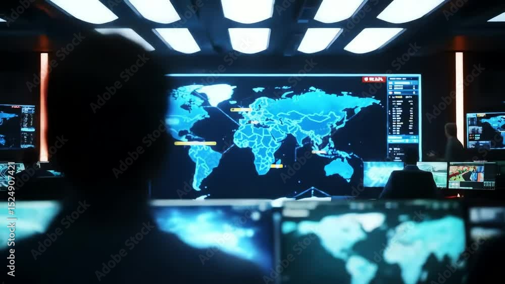 Poster control room interior with people at consoles monitoring screens displaying world maps and data