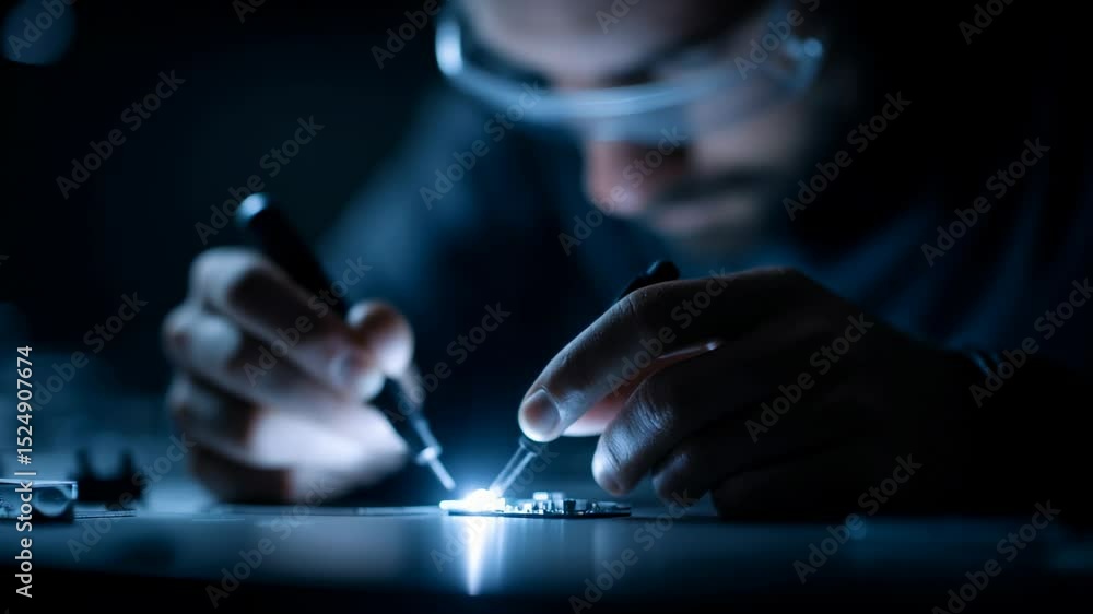 Poster precision electronics repair process under soft lighting in a workshop setting focused on intricate 