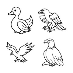 Fototapeta premium Cute Cartoon Birds Duck, Eagle, and Hawk Line Art Illustrations