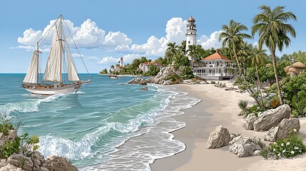 Seaside escape with anchored sailboats exotic flowers and lighthouse tower high resolution image