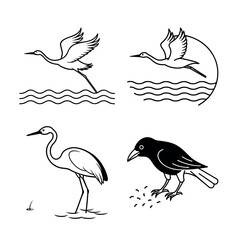 Naklejka premium Elegant Bird Illustrations Crane, Heron, and Crow Line Art Designs