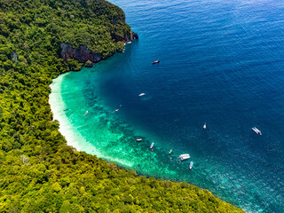 Aerial view of Monkey Beach on the Phi Phi Island, Thailand