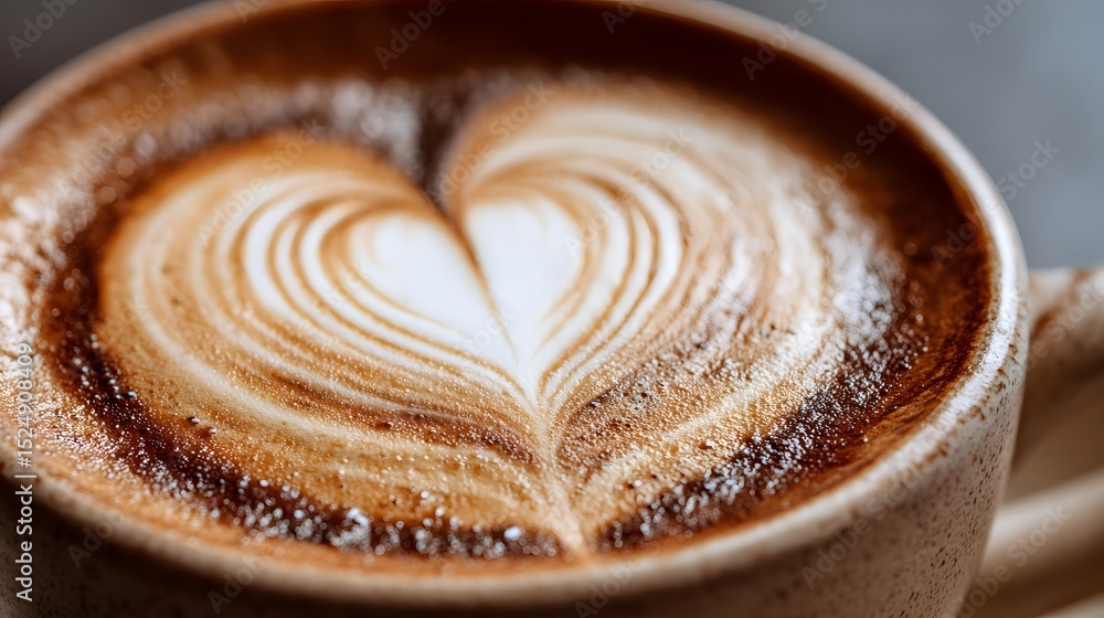 Poster close-up of a beautifully crafted latte art heart design in a cozy caf? setting with soft lighting