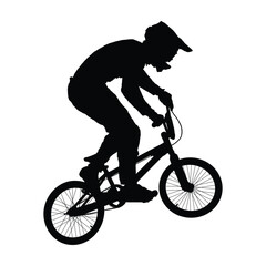 Obraz premium Man with helmet riding bmx jumping black silhouette vector. Isolated male riding bmx bike in bmx racing game black silhouette.