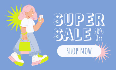 Super Sale Banner with Trendy Shopper Illustration