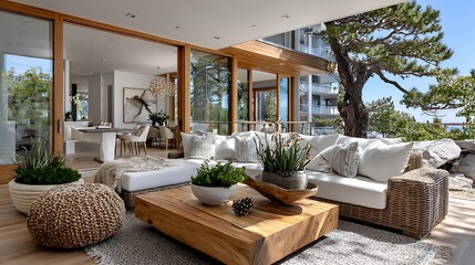 Stylish coastal interior with white sectional sofa and modern decor by ocean high resolution image