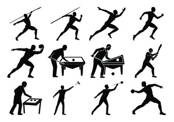 Silhouettes of Vector Male Athletes Performing Javelin Throw, Running, Billiards, Baseball, Darts, and Shot Put on white background