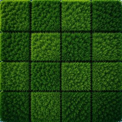 Top view of neatly arranged square grass patches creating a vibrant green pattern