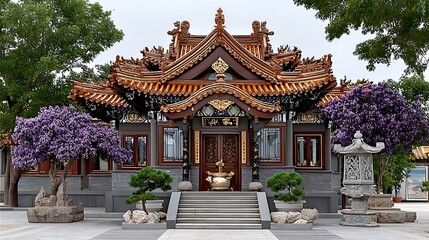 Traditional Chinese temple with curved roofs golden ornaments and blossom trees in courtyard high resolution image