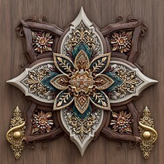 traditional woodcraft panel with elaborate engraved central floral motif high resolution image