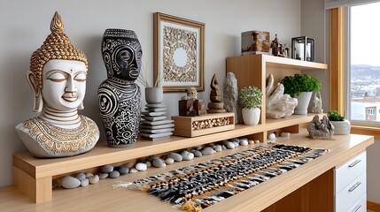Tranquil home decor scene featuring stone buddha black tribal statue stacked pebbles greenery and carved wood tray high resolution image