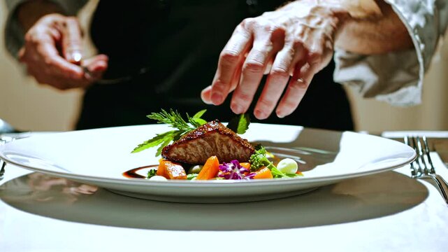Professional chef carefully placing fresh herbs on a plate of grilled meat, vegetables, and sauce, adding a final touch to the gourmet meal