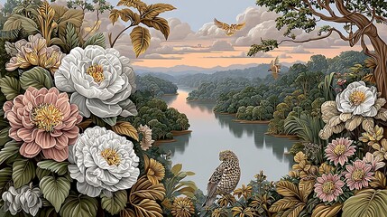 Verdant riverbend in tropical forest with exotic blossoms and golden sunset sky high resolution image