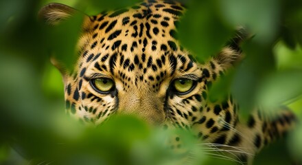 Leopard Face Among Green Leaves