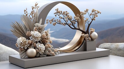 Wedding arch with dried floral decor overlooking majestic mountains and scenic river valley high resolution image