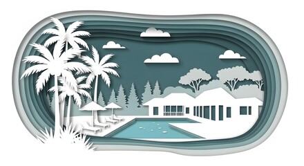 Tropical House with Pool and Palm Tree Paper Cut Design