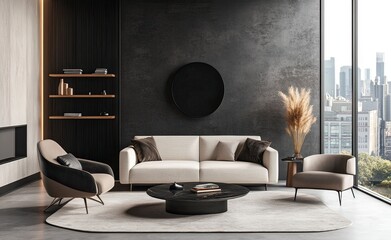 3D rendering of a modern living room interior design with a sofa and armchair in a luxury apartment, front view. Contemporary home decor style, beige color scheme, with a black accent wall,