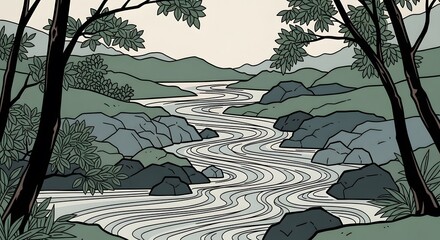 River Flows Through Nature Scene Illustration