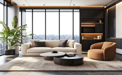 Obraz premium 3D rendering of a modern living room interior design with a sofa and armchair in a luxury apartment, front view. Contemporary home decor style, beige color scheme, with a black accent wall,