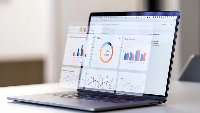 Floating Educational Analytics UI Above Laptop Displaying Student Performance Metrics and Data Visualizations