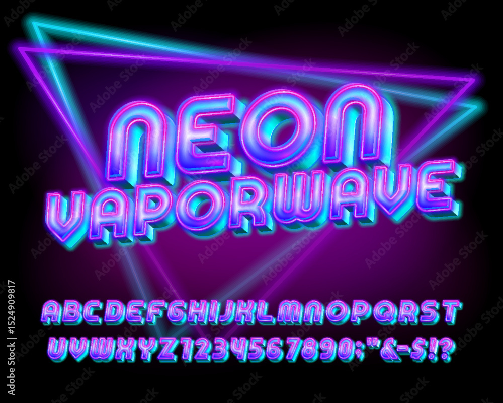 Fototapete neon vaporwave alphabet font. bright neon 80s style letters and numbers. abstract polygonal backgrou