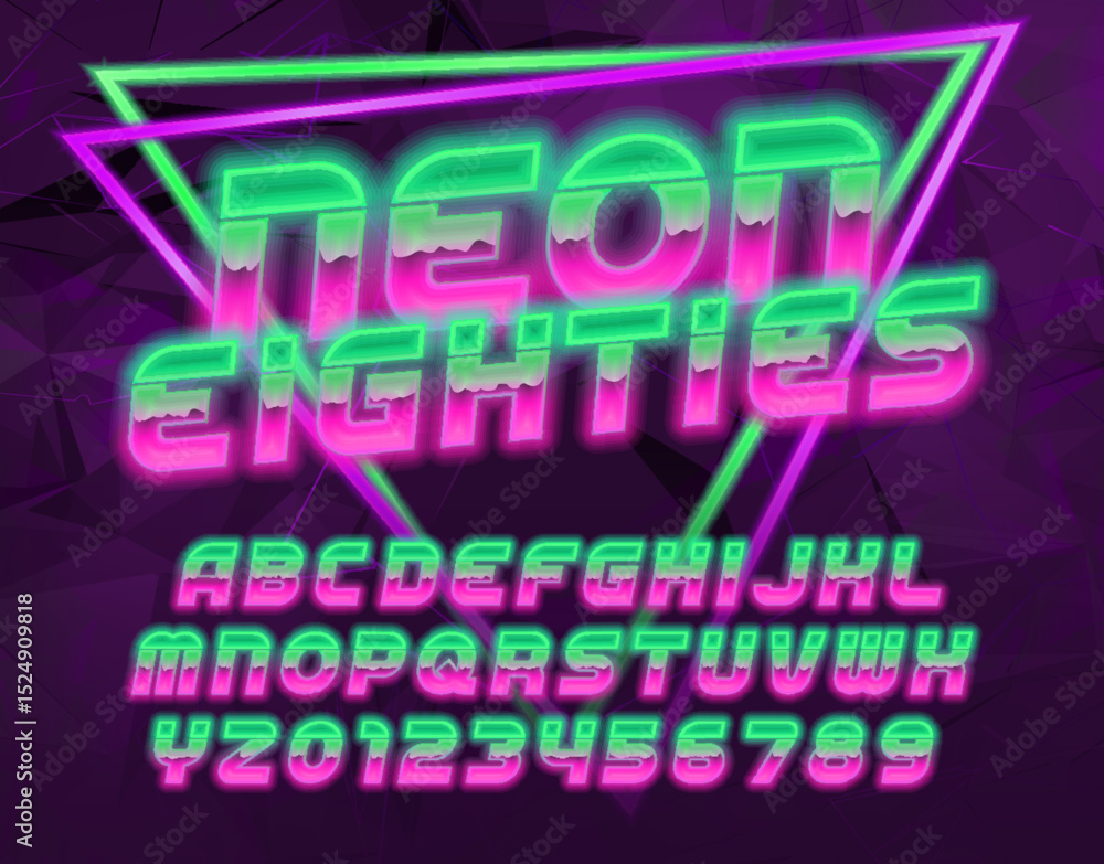 Fototapete neon eighties alphabet font. 3d neon 80s style letters and numbers. abstract polygonal background. s