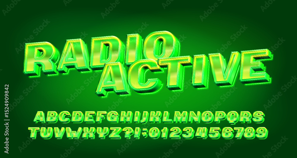 Fototapete radioactive alphabet font. green neon 80s style letters and numbers. abstract polygonal background. 
