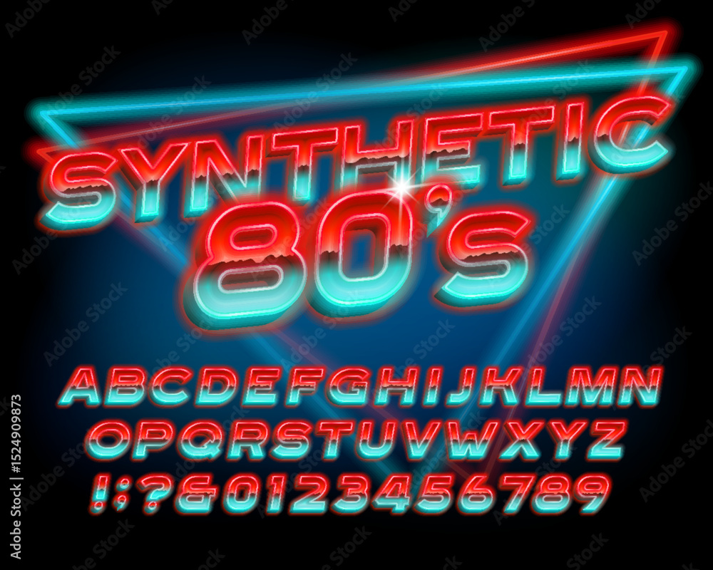 Fototapete synthetic 80s alphabet font. 3d neon 80s style letters and numbers. stock vector typeface for your d