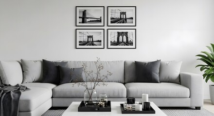 Living Room with Bridge Photos and Gray Sofa