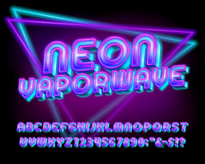 Neon Vaporwave alphabet font. Bright neon 80s style letters and numbers. Abstract polygonal background. Stock vector typeface for your design.