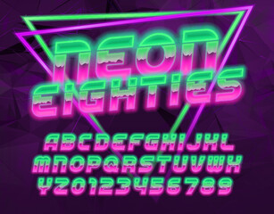 Neon Eighties alphabet font. 3d neon 80s style letters and numbers. Abstract polygonal background. Stock vector typeface for your design.