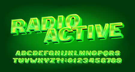 Radioactive alphabet font. Green neon 80s style letters and numbers. Abstract polygonal background. Stock vector typeface for your design.