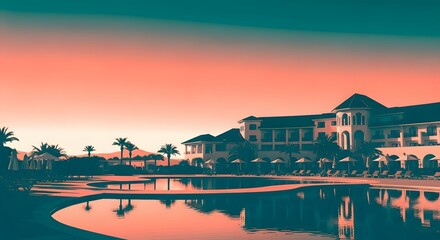 Resort Swimming Pool Sunset with Palm Trees