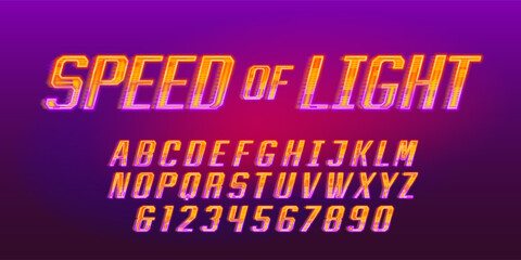 Speed of Light alphabet font. Neon color letters and numbers with a high speed effect. Stock vector typeface for your design.