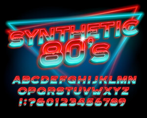 Synthetic 80s alphabet font. 3d neon 80s style letters and numbers. Stock vector typeface for your design.